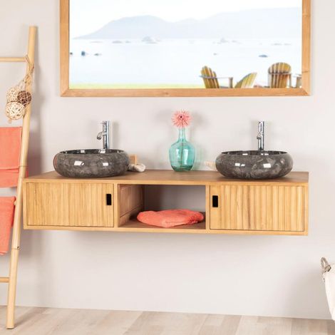 Meuble de salle de bain suspendu double vasque en teck Mya 145 cm (1/5)