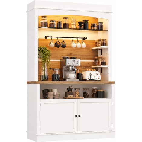 CHICFURN Meuble de rangement haut avec LED RGB, étagère en verre, 6 crochets et placard fermé, buffet blanc en MDF et métal pour cuisine et salle à manger (1/5)