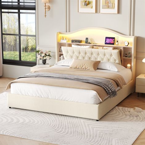 Upholstered Bed Frame with Hydraulic Storage - Beige Linen LED Headboard with Curved Button Tufted Design, USB & Type-C Charging Station and Concealed Storage, No Mattress Included, 5ft King Size (1/5)