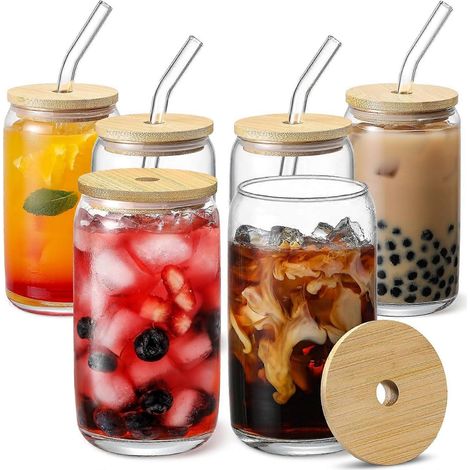 Ensemble de 6 pièces : Verre avec couvercle en bambou et paille en verre (1/5)