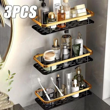 Étagères de salle de bain (3 pièces rectangulaires) murales sans perçage, en aluminium, pour coin douche, rangement, étagère flottante, organisateur de cuisine. (1/5)