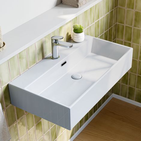 Aufsatzwaschbecken Waschbecken Bad aus Keramik - Waschtisch Rechteck - Hängewaschbecken mit Überlauf und Hahnloch - Handwaschbecken Modern für ein Gäste WC Weiß - 75 × 42 × 14