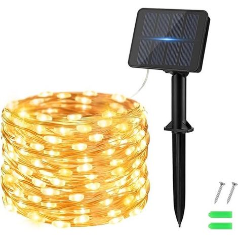 Luci decorative da esterno a energia solare con 50 LED, lunghe 5 metri, luce bianca calda, impermeabili e con timer automatico. (1/5)