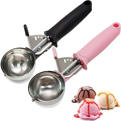 Cuillère à glace en acier inoxydable avec déclencheur et poignée ergonomique, type « hockey sur glace », idéale pour les fruits, la purée de pommes de terre, les gâteaux et les desserts (rose, noir). (1/5)