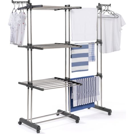 Idmarket – Séchoir à linge extensible 3 niveaux 27M – Acier inoxydable et plastique ABS – 6 roulettes orientables – 30 accessoires inclus