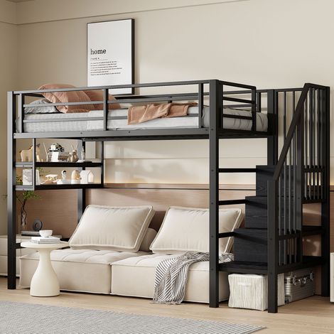 Cama alta de metal negro 90x200 cm con estantes, escalera con almacenaje y barandilla (1/5)
