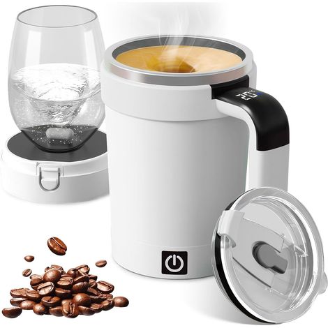 Vaso mezclador automático de 380 ml con tapa y pantalla táctil LCD de temperatura - Vaso mezclador magnético automático de acero inoxidable - Taza de café - Agitador magnético