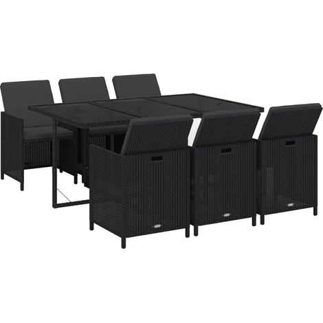 Set de comedor de jardín 7 pzas y cojines ratán sintético negro vidaXL
