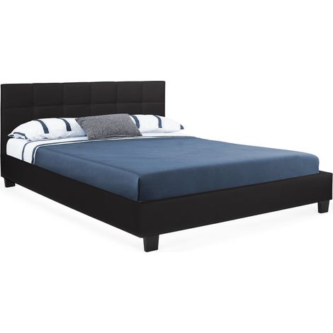 Idmarket – Lit double CHARLOTTE 140 x 190 cm – Tête de lit capitonnée – Sommier 24 lattes renforcé – Structure en MDF – Revêtement PVC noir (1/5)
