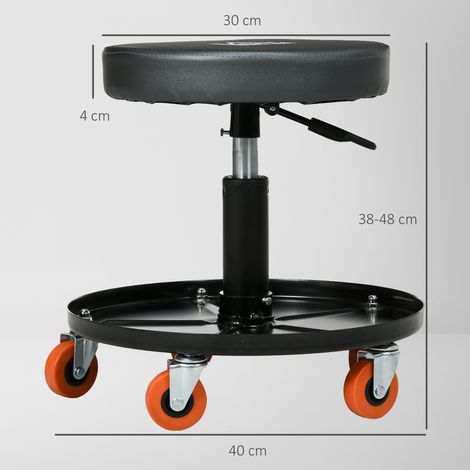 Tabouret de travail à roulettes avec porte-outils, réglable en hauteur et pivotant, diamètre 40 cm x hauteur 25-48 cm, noir (1/5)
