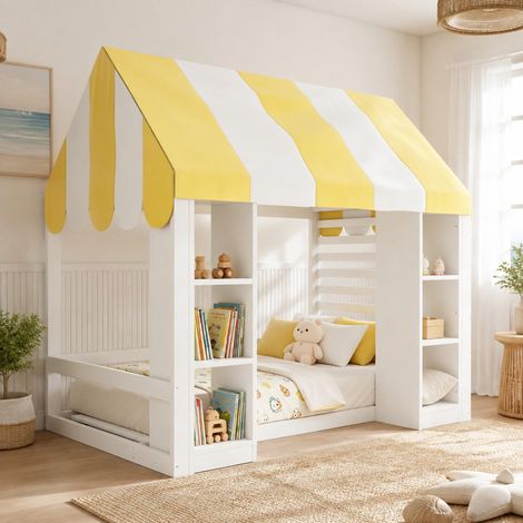Lit enfant 90 x 200 cm avec ciel de lit, rangements ouverts, structure métal et MDF, blanc OKMYHOME (1/5)