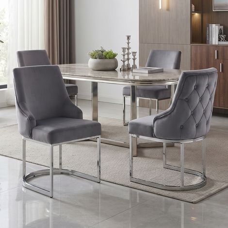 Lot de 4 chaises de salle à manger 59x55x89 cm en velours gris, modernes pour salon FloraGrace (1/5)