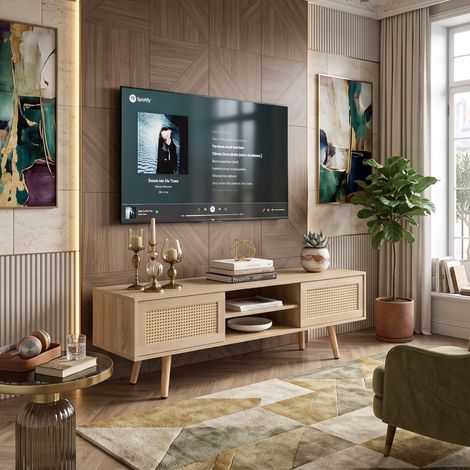 Creahappy Meuble TV en Cannage Rotin 140x40x46.5 cm - Rangement Salon avec Passe-Câble et Portes Coulissantes - Style Bohème Bois Naturel (1/5)