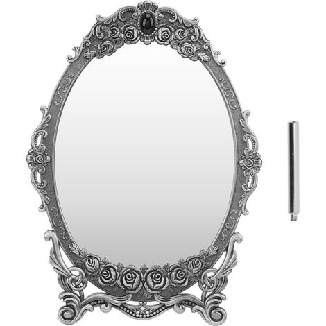 Poudrier rétro de bureau, miroir de maquillage à motif floral, bords perlés, image claire, miroir vintage fonctionnel, décoration argentée. (1/5)