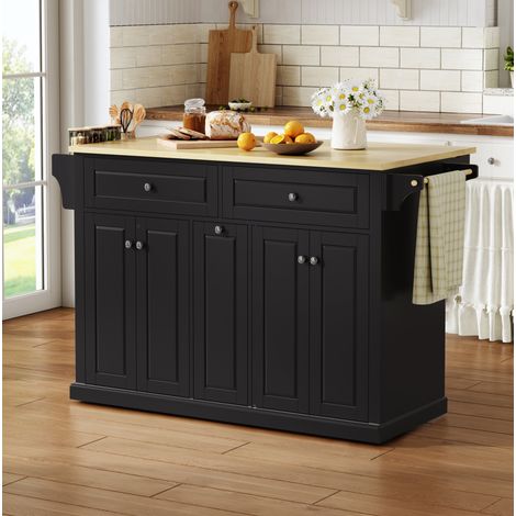 Isola cucina pieghevole 121x69x89 cm, piano estensibile, 2 cassetti grandi, MDF, naturale e nero (1/5)