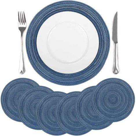 comfoyar Lot de 6 Sets de Table Bleu Ronde Tressé, antidérapants en polyester coton, lavables, forme spirale 38x38cm - Bleu 38x38 cm (1/5)