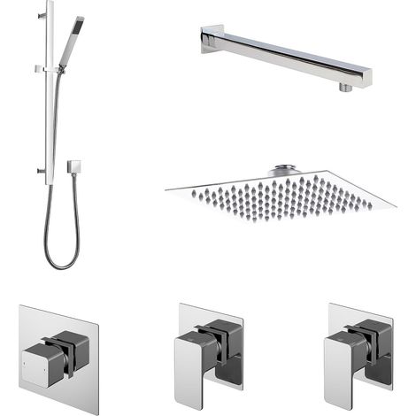 2 Outlet Concealed Valves Shower Bundle with Slide Rail Kit, Wall Mount Arm & Head - Chrome