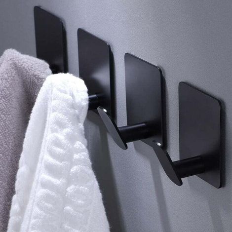 Lot de 4 crochets adhésifs pour serviettes/vêtements, pour salle de bain ou cuisine (noir mat, acier inoxydable)