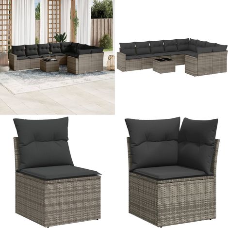 Salon de jardin avec coussins 10 pcs gris résine tressée - Ensemble Salon De Jardin - Meubles De Jardin - Salon De Jardin Design - Set Salon De Jardin - Fauteuil De Jardin - Home & Living (1/5)