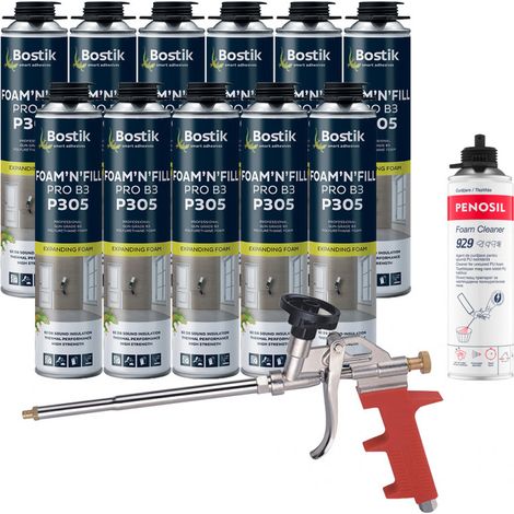 Bostik – Pack de 11 mousses polyuréthane expansives pistolables 750ml – Nettoyant mousse 500ml – Pistolet manuel ergonomique – Excellente isolation phonique et thermique (1/4)