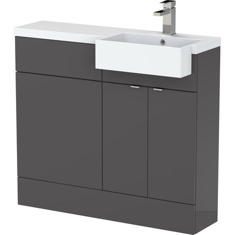 Alrewas Contemporary 2 Door Right-Hand Floor Standing Combination Unit with Basin, Gloss Grey, 1000mm