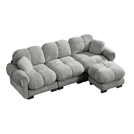 Canapé d'angle en chenille 3 places avec ottomane mobile et coussins décoratifs gris clair (1/5)