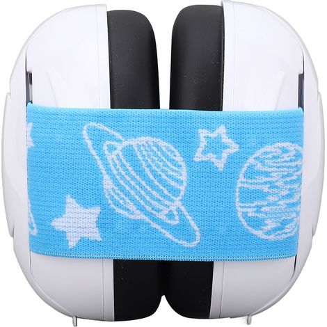 Cache-oreilles bébé à sangle bleue, protection antibruit, élastique, pour bébés de la naissance à 18 mois, coque blanche. (1/5)