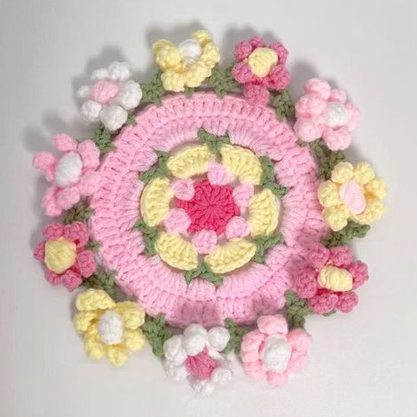 Sottobicchiere floreale all'uncinetto, sottobicchiere/vaso da fiori pronto all'uso, per ufficio, tavolino da caffè e decorazione domestica, rosa rossa + mughetto rosa + girasole (1/5)