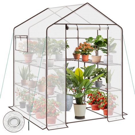 Sekey Gewächshaus Stabil Foliengewächshaus Windfest Treibhaus Folie Begehbar mit 10 Regalebenen für Pflanzen, Frühbeet 143 x 143 x 195 cm, Weiß (1/5)