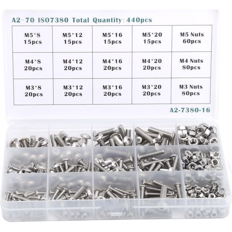 Lot de 440 vis à tête hexagonale M3/M4/M5 avec écrous, ensemble de fixation en acier inoxydable (1/5)
