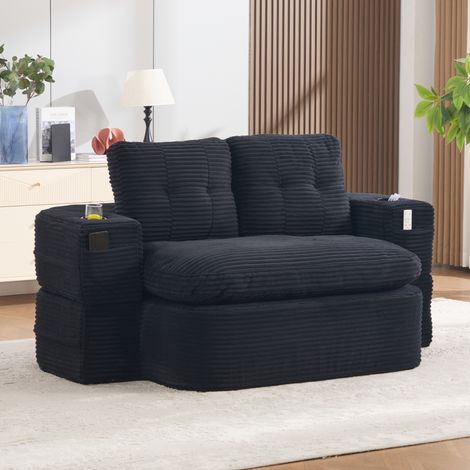 Canapé convertible 2 places 165x123x61 cm en tissu côtelé noir, modulable pour salon FloraGrace (1/5)