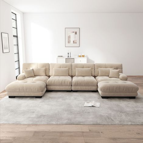 Canapé modulable U 4 places en chenille beige, canapé Cloud XXL avec ottoman mobile, assise profonde confortable, canapé d’angle personnalisable pour salon (1/5)