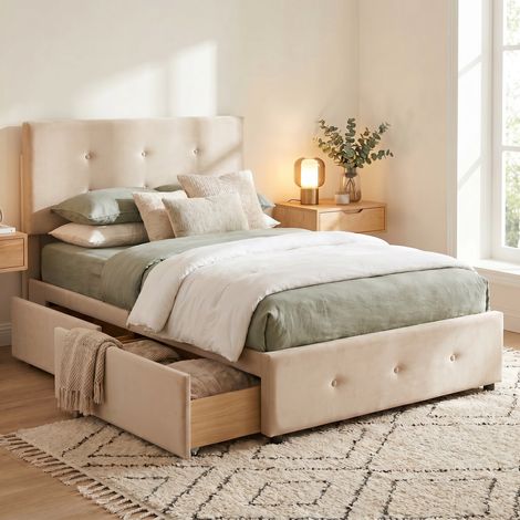 Lit avec tiroirs de rangement 90x200 cm - cadre de lit simple,tête de lit réglable capitonnée avec sommier à lattes - cadre de lit rembourré en velours style scandinave - beige