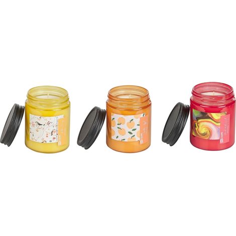 Set di 3 candele profumate 100% cera di soia stoppino di cotone in vetro Fragranza fruttata Pesca rossa corrente gialla Bacca Mela Fruity Bloom (1/5)