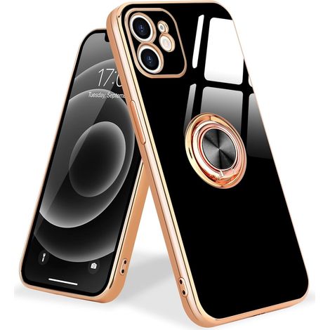 CUSTODIA PER APPLE IPHONE 12 SILICONE NERO ORO + ANELLO E CORDINO A2172 (1/5)