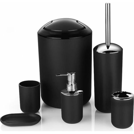 Set d'accessoires de salle de bain en plastique, distributeur de savon, gobelet, poubelle, brosse WC, noir (1/5)