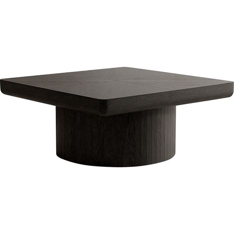 Tavolino quadrato nero 78 cm con piano effetto parquet e base cilindrica (1/5)