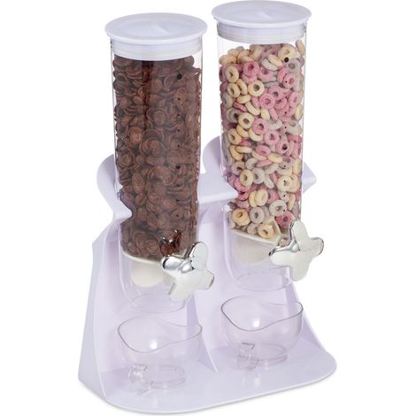 Relaxdays double cereal dispenser, container for cornflakes, nut spender, breakfast bar accessory, plastic, white (1/5)