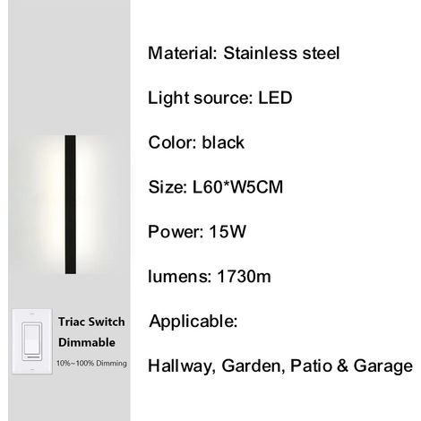 (60 cm - 15 W - IP67 - Chine continentale) Applique murale d'extérieur pour jardin, porche ou couloir, avec variateur intelligent Triac de 10 % à 100 %, étanche IP67, en acier inoxydable antirouille. (1/5)