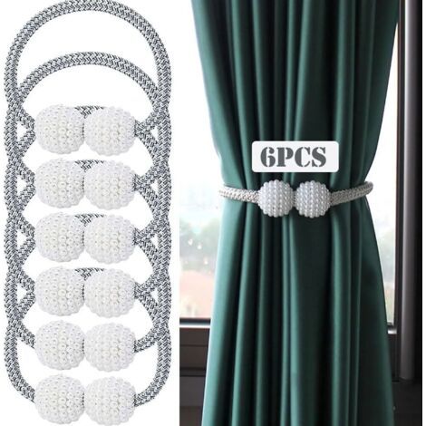 Ensemble de 6 embrasses magnétiques pour rideaux, cordelette de maintien, pinces à rideaux pour la décoration de la maison et du bureau (gris)