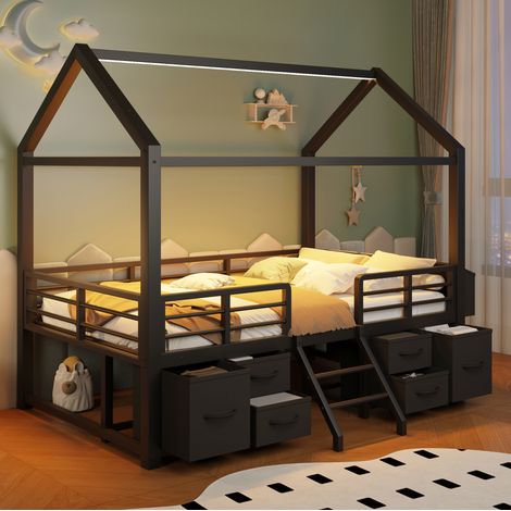 Lit mezzanine enfant 90x200 cm en métal noir avec rangement, sans matelas (1/5)