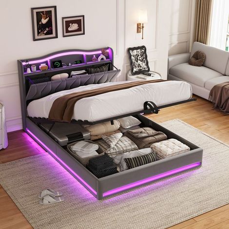 Hydraulisches Bett - Bett 140x200 - Graues Velours - Integrierte LED - USB-Anschlüsse & Stauraum (1/5)
