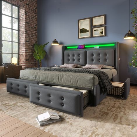 lit adulte double rangement LED USB 180x200 tissu gris OKMYHOME (1/5)