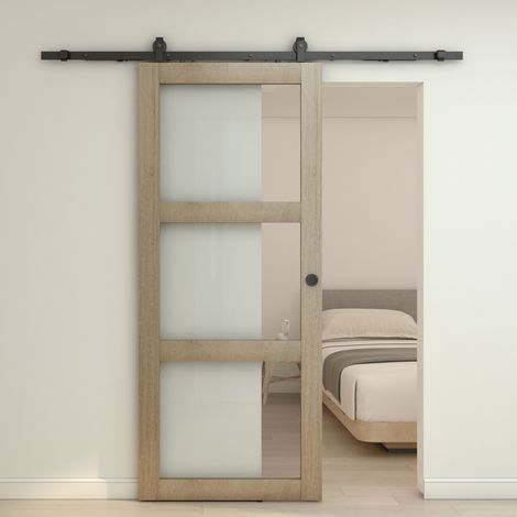 Porte coulissante intérieure 90 x 215 cm bois et verre, rail noir, Schulte (1/5)