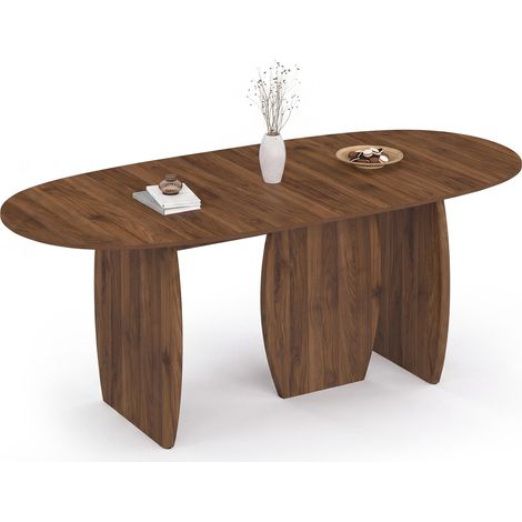 Table à manger extensible japandi ovale MARILOU 6-10 personnes 3 pieds noyer 160-200 cm (1/5)