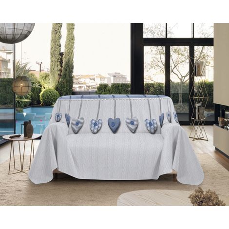 Telo Arredo Made in Italy in Cotone Grandfoulard Copritutto Copridivano Copriletto-Teli Sofà Arredatutto-Drappeggio-Arazzo-Copridivano Grand Foulard Letto Singolo - Cuori Blu (1/4)
