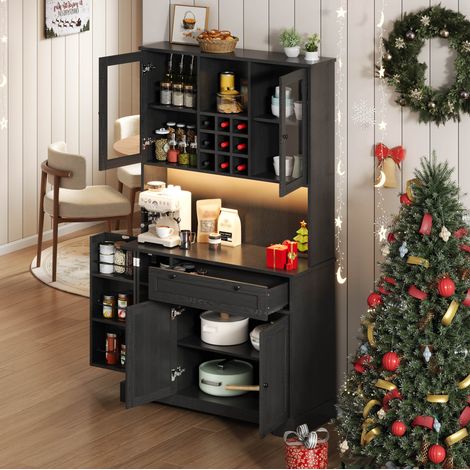 REDOM - Credenza da cucina 180x105x40 cm, illuminazione a LED, presa integrata e ripiani regolabili, MDF nero (1/5)
