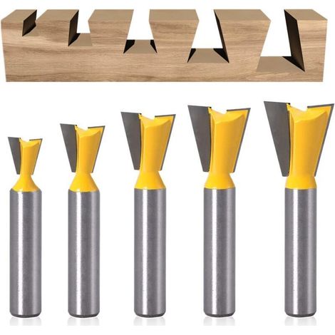 5 Pièces Fraise Defonceuse à Queue D'aronde, Fraise a Surfacer en Carbure de Tungstène 8mm, Fraises à Rainurer pour Défonceuse 1/4" 1/2" 3/8" 5/8" 3/4" pour Le Travail du Boi (5) (1/5)