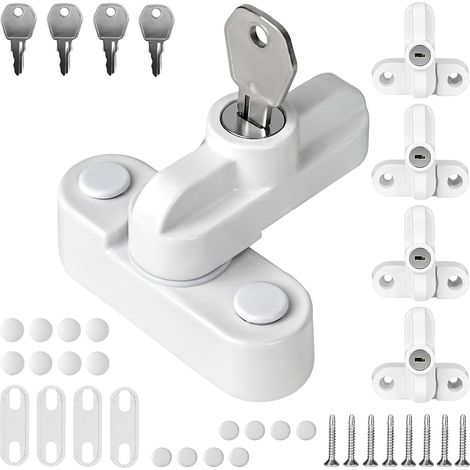 Lot de 4 verrous de fenêtre anti-effraction en forme de T - Verrou pivotant avec 8 clés - En alliage d'aluminium - Blanc - Pour porte et fenêtre en PVC (1/5)