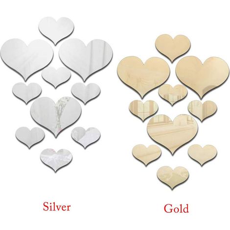 Lot de 10 stickers muraux miroir en forme de cœur, décoration murale 3D à faire soi-même (1/3)